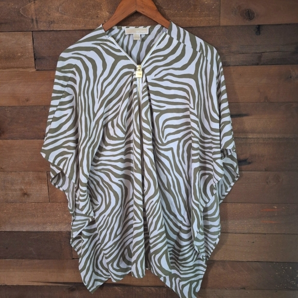 Michael Kors Green & White Zebra Print Zip Up Poncho with Gold Lock SZ L - Picture 1 of 8